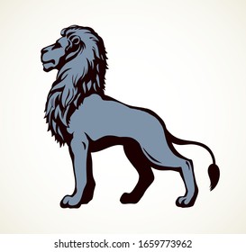 Beautiful african proud powerful nobility big leo standing and fierce looking for prey. Black ink outline drawn logo sign emblem sketchy in art doodle style pen on paper. Side view with space for text