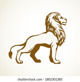 Beautiful african proud powerful nobility big leo standing and fierce looking for prey. Black ink outline drawn logo sign emblem sketchy in art doodle style pen on paper. Side view with space for text