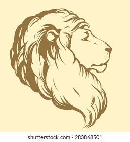 Beautiful african proud powerful nobility adult big leo with furry mane fierce calm looking for prey. Vector freehand ink drawn background sketch in art scribble style pen on paper with space for text