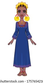 beautiful African woman in ancient clothes and jewelry. Full growth. Color drawing. Vector illustration isolated on a white background. 