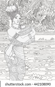 
Beautiful African woman in the background of the African landscape.Coloring pages.
Africa