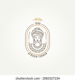 beautiful african woman badge logo design. african woman with turban line art emblem logo template vector illustration design