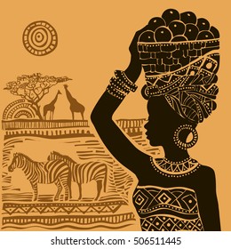 
Beautiful African woman with a basket on her head.
Beautiful African woman in the background decorative African landscape