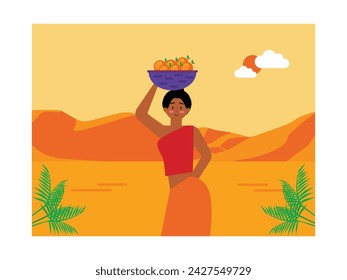 Beautiful african woman is carrying basket of orange fruit, harvest in savanna. Character design. Vector flat illustration