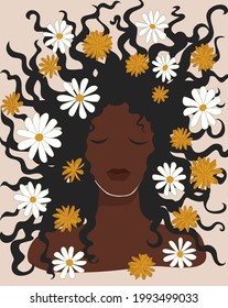 Beautiful African woman with chamomile flowers in her loose hair. Boho mid century wall art. Dark skinned brunette girl. Hand drawn printable poster postcard. Stock vector minimal illustration.