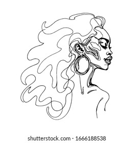 Beautiful african woman with closed eyes. Sketching outline fashion monochrome illustration. Hand drawn portrait of pretty girl on white background.