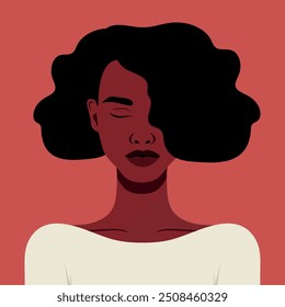 Beautiful African woman with closed eyes full face portrait. Young female abstract avatar. Vector illustration