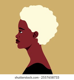 Beautiful African woman with curly blond hair profile view portrait. Young female abstract avatar. Vector illustration