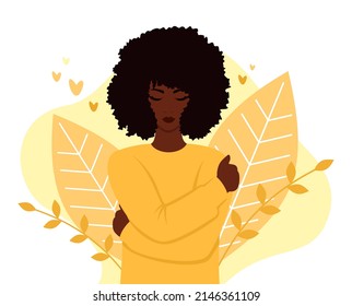 Beautiful african woman with curly hair and closed eyes hugs herself. The concept of self-love. Flat vector illustration 