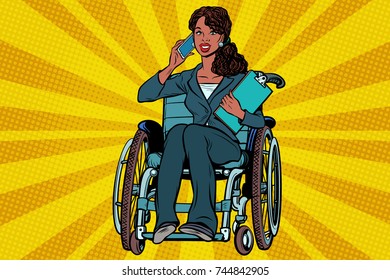 Beautiful African woman disabled businesswoman. Talking on the phone. Pop art retro vector illustration