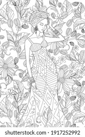 Beautiful African Woman In Ethnic Dress Against Floral Pattern For Your Coloring Book