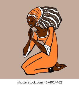 Beautiful African woman in ethnic style. Girl in yoga pose. Meditation. Hand drawn Vector illustration