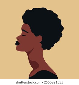 Hermosa mujer africana con los ojos cerrados retrato. Mujer joven con el avatar corto del perfil abstracto del pelo rizado. Ilustración vectorial