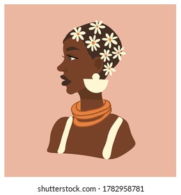 Beautiful African woman with flowers in her hair. Vector abstract portrait