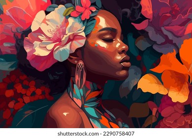 Beautiful African woman in flowers. Vector illustration desing. svg