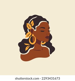 Beautiful African woman golden jewelry leaves boho accessories portrait vector flat illustration. Fashion black female face dark skin ethnic hairstyle chic aesthetic trendy Afro modern minimal avatar
