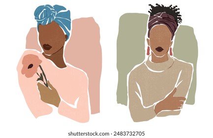 Hermosa mujer africana. Cubierta de turbante azul. Una joven americana con una flor en la mano. Ilustración vectorial de estilo minimalista. Avatar de las redes sociales. Ilustración vectorial brillante en estilo plano