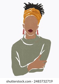 Beautiful african woman. Headwrap blue turban. American young lady. Minimalist style vector illustration. Avatar for social media. Bright vector illustration in flat style