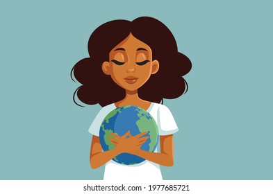 Beautiful African Woman Holding Earth Planet Concept Illustration. Eco-friendly protective kind female activist standing for global peace and environment saving
