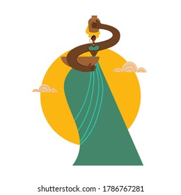 Beautiful African woman with a jug on her head in flat style. Vector illustration ethnic concept.