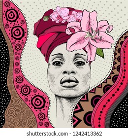 Beautiful African woman in national dress and flower wreath. Arikansky national ethnic ornament. Vector illustration