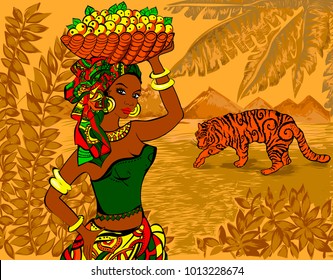 
Beautiful African woman on a background of southern landscape with a tiger