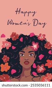 Beautiful african woman on the background of flowers and festive text with women's day. March 8. Feminism. Gender equality and women's empowerment. Vector bright pink flat banner