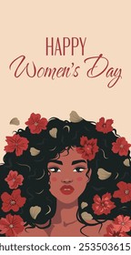 Beautiful african woman on background of flowers and festive text with women's day. March 8. Feminism. Gender equality and women's empowerment. Vector bright spring flat banner