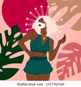 Beautiful African woman painted lip makeup with red lipstick on a medical mask. Quarantine Diva trendy illustration. Stop Coronavirus concept.