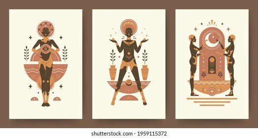 Beautiful african woman people silhouettes modern drawing style. Ethnic females vector illustration for wall art poster or fashion print template. Occult ritual design concept.