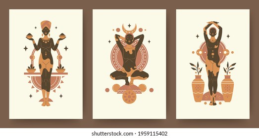 Beautiful african woman people silhouettes modern drawing style. Ethnic females vector illustration for wall art poster or fashion print template. Occult ritual design concept.