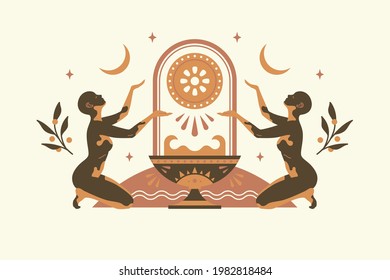 Beautiful african woman people silhouettes modern drawing style. Ethnic females vector illustration for wall art poster or fashion print template. Occult ritual design concept.