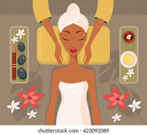 Beautiful African woman relaxing spa salon Face Body massage concept