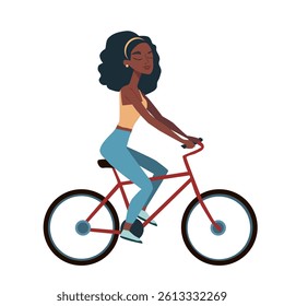 Beautiful African woman riding a bicycle.Vector illustration isolated on white background.