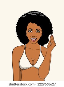 Beautiful African woman rubs her face with a cotton pad. Isolated image on white background. Vector illustration