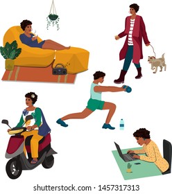 Beautiful African woman spends time at work, at home, on the street, in the gym, different life activities.   Color vector illustration in flat cartoon style. Set of vectors on a white background.