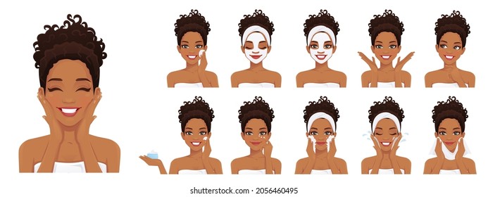 Beautiful african woman take care about her face set vector illustration