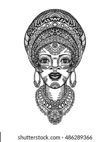 Beautiful african woman in turban. Hand drawn vector illustration with traditional decorative elements