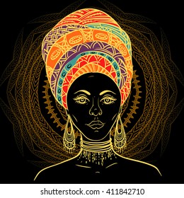 Beautiful African woman in turban over ornate mandala round pattern. Hand drawn vector illustration. Design, card, print, poster, postcard