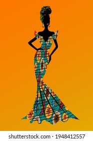 Beautiful African woman in typical afro clothing and headdress ethnic turban, ankara wax print textile for traditional Nigerian wedding ceremony. Vector isolated on orange sunset background