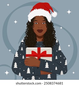 A beautiful African woman in an ugly Christmas sweater and Santa hat holds a holiday gift in her hands. Vector flat illustration. No artificial intelligence was used to create the illustration.
