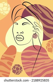 Beautiful African woman. Wall art in the style of Pop art. Colorful wall art. Boho style. Portrait of a girl with a line.