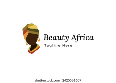 Beautiful African woman wearing head cloth or dhuku in flat vector logo design style