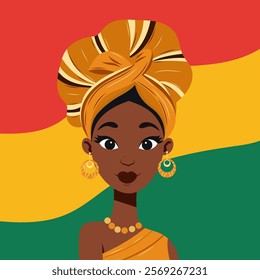 Beautiful African woman wearing traditional attire and jewelry celebrating Black History Month and African heritage. Symbolic illustration in honoring African roots concept. For social media banners.