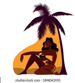 Beautiful african woman in yellow top resting under a palm tree with a cocktail in a coconut. Vector illustration on yellow background