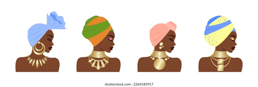 Beautiful African women in a national headdress and with gold jewelry, isolated on a white background. Female portrait in profile. Cute dark-skinned girl with colorful headscarf, earring and necklace