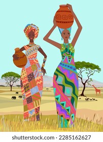 Schöne afrikanische Frauen in traditionellen Kleidungsstücken, die Wasserkrüge halten. Afrikanische Landschaft mit anmutigen Mädchen. Cartoon, Vektorgrafik von Wildtieren für Ihr Design