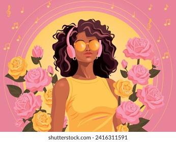 A beautiful African-American girl with headphones and sunglasses, curly hair. Around the rose. Listening to music. Melody, notes. The color is pink, yellow. World Women's Day.