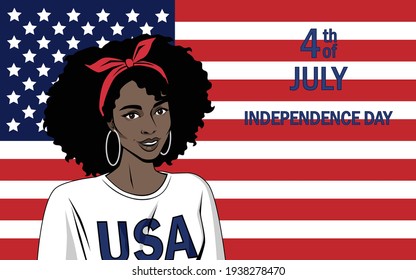 Beautiful African-American girl on the background of the American flag. Independence Day of America. Template for banners, flyers, postcards.