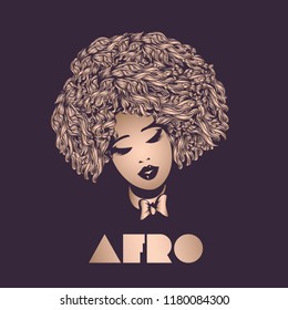 Beautiful African-American woman with Afro curly hairstyle and elegant makeup, wearing a ribbon bow collar.Style, beauty and hair salon vector illustration isolated on dark background.